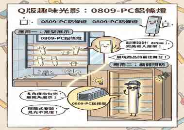 如果1807是百搭款，那麼 #0809-PC鋁條燈 就是「極細縫隙、精緻細節」的專業款。